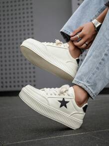 时尚男士拼接舒适透气前系带厚底休闲运动鞋，学院风简约星星图案日常运动鞋 - 米黑 - 查看 10