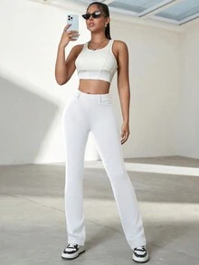 弹力修身口袋设计女士通勤裤，休闲日常穿着 - 白色 - 查看 3
