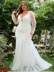 Plus Wedding Dress Floral Mesh Formal Gowns Long Sleeve,Bride - White - View 4