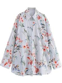 条纹和花卉印花休闲前扣长袖衬衫，女式春夏季衬衫