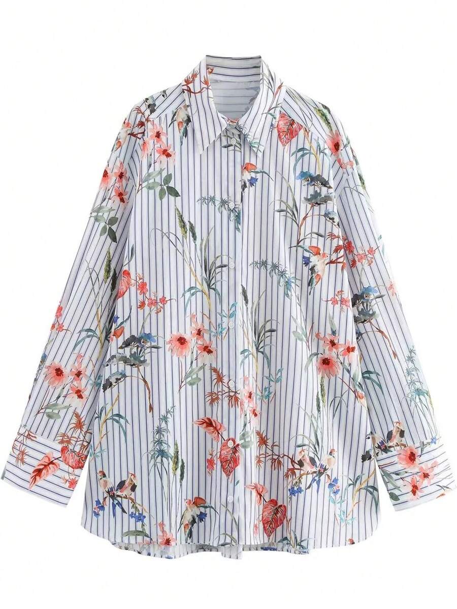 条纹和花卉印花休闲前扣长袖衬衫，女式春夏季衬衫