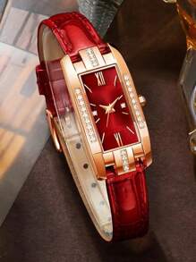 1pc Quartz Analog Watch, Square Roman Numeral Dial, Vintage Formal Watch, Rhinestone Encrusted Wristwatch - Red - View 2