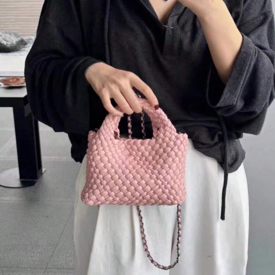 高品质手工编织小手提包手提包女包2024新款大容量潮流菜篮包两件套 - 粉色 - 查看 1