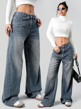 Vintage verwaschenejeans mit weitem Bein für Frauen, weite gerade Hose mit linearem Design