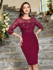 MIUSOL Sequin Floral Lace Round Neck Bodycon Semi-Formal Party Pencil Skirt - Red - View 6