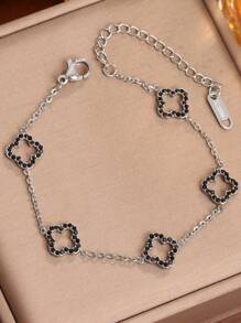 1 chiếc vòng tay bằng thép không gỉ mới thời trang độc đáo hình hoa bốn lá rỗng pha lê hình cỏ ba lá cho phụ nữ, phong cách hợp thời trang Châu Âu và Mỹ - Vòng tay hoa bốn lá rỗng đầy kim cương - Xem 6