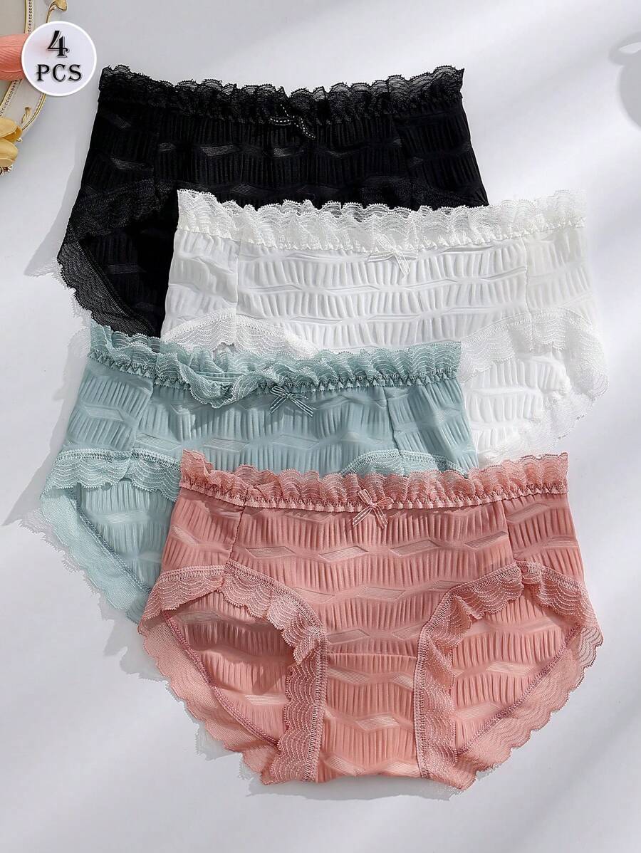 4PCS Women's Lace,Sea Salt Seersuckersweet Cute Breathable Comfortable Soft Women's Panties Black White Lingerie - Multicolor - View 1