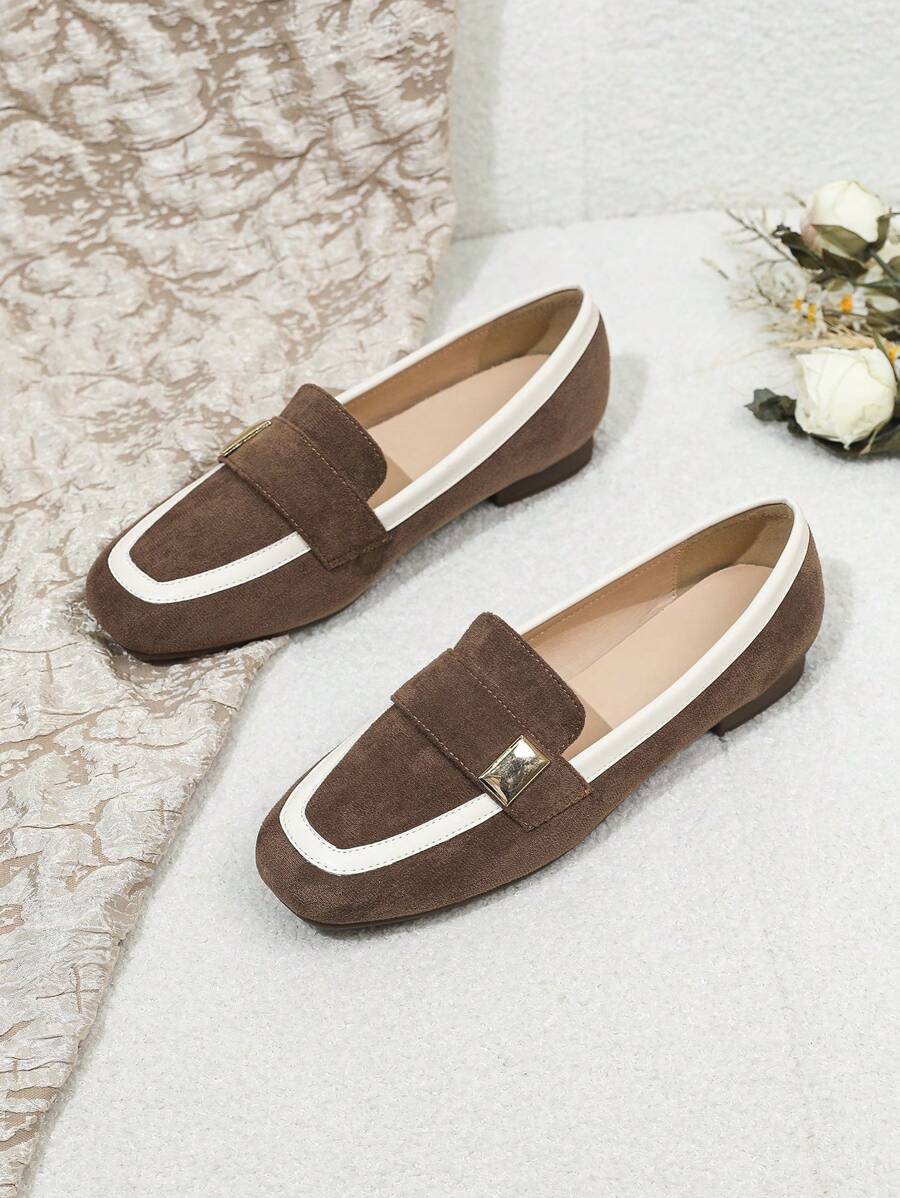 Giày lười đế bằng giả da lộn cho nữ, mũi vuông, xỏ ngón, màu nâu nhạt, thoải mái và mềm mại - màu nâu - Xem 1