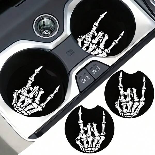 2pcs Rock Skull Grip Pattern Car Coasters, Car Non-Slip Coasters, Car Interior Personalized Coasters