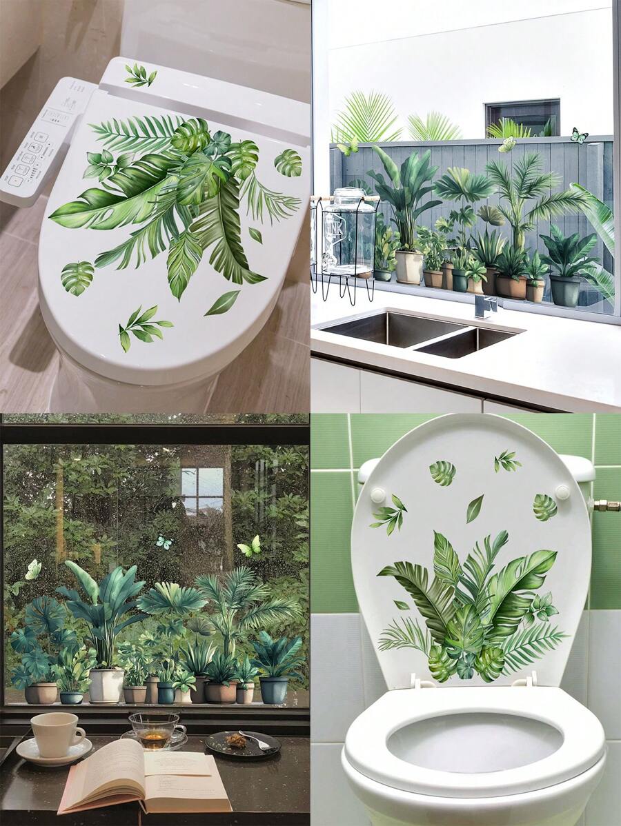 1 bộ/1 miếng dán trang trí cây nhiệt đới & cây trồng trong chậu vẽ tay, thích hợp cho phòng tắm, phòng khách, phòng ngủ, phòng tắm, cửa sổ, miếng dán kính trang trí hai mặt cho nắp bồn cầu, miếng dán bồn cầu tĩnh điện, đồ trang trí nhà cửa - màu xanh lá - Xem 1