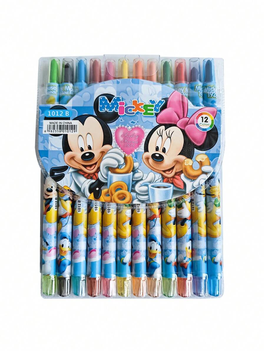 Disney Mickey Minnie Cartoon Rotating Crayons 12 Colors Drawing Pens