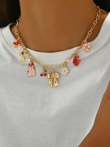 1pc Funky Jewelry Necklace, Fashion Bow Pendant Choker, Fashion Acrylic 3D Strawberry, Fairy Tale Castle, Cute Mushroom, Daisy Flower Charm Pendant, Suitable For Everyday & Party Wear Valentines - Multicolor - View 2