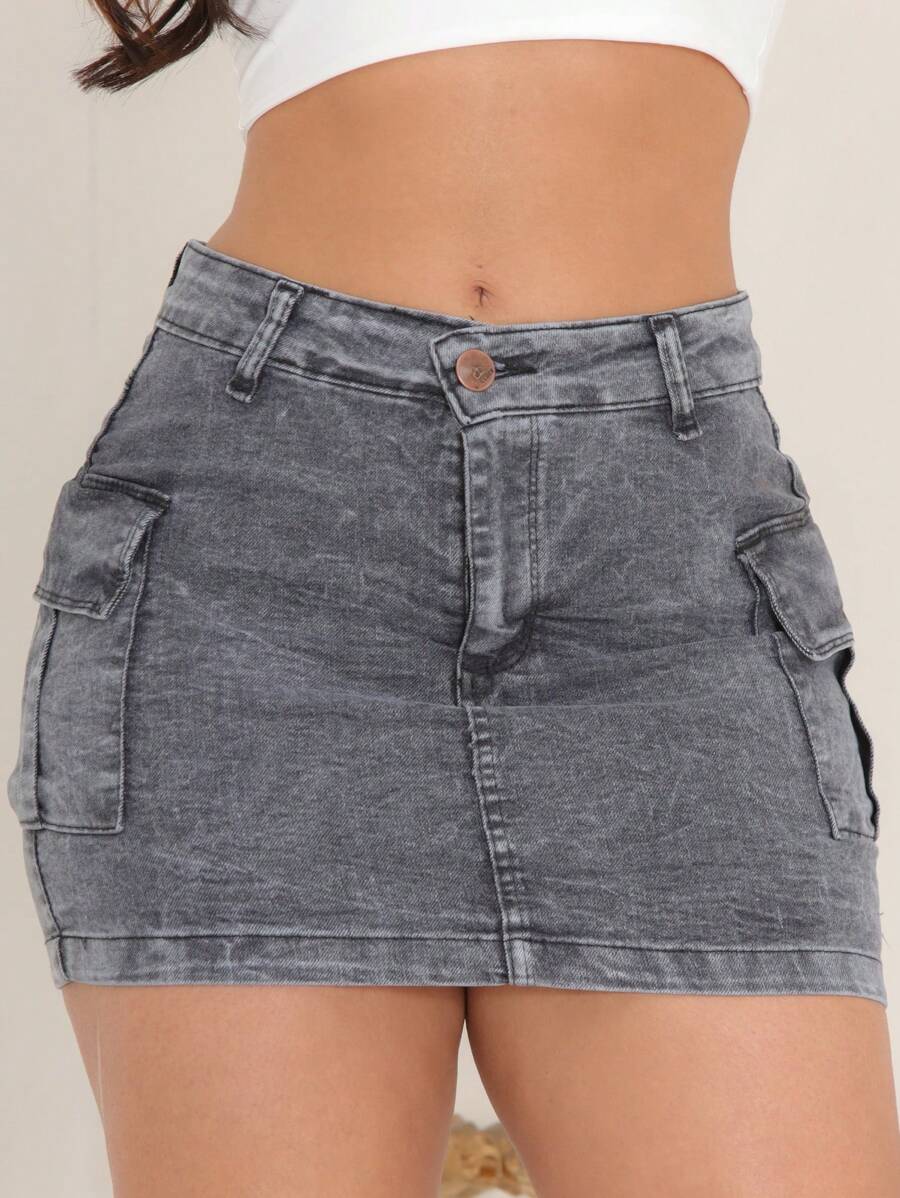 Stillger Moda Jeans Women's High Waist Twill Cargo Skirt With Lycra Side Pockets Short Butt Lift - 灰色 - 查看 1
