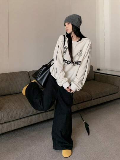 Women's Contrast Color Drop Shoulder Long Sleeve Loose Casual Sweatshirt With Letter Graphic