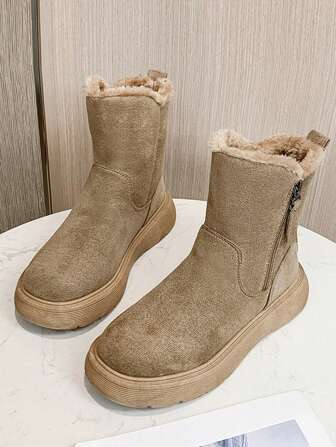 1 par de botas de invierno de estilo retro para niña, con parte superior imitación de ciervo, unicolor, decoración de hilo de coser, diseño de cremallera lateral, forro cálido y cómodo, suela de goma antideslizante, adecuadas para viajes de invierno, juegos y diversas actividades al aire libre, acompañan a cualquier atuendo invernal