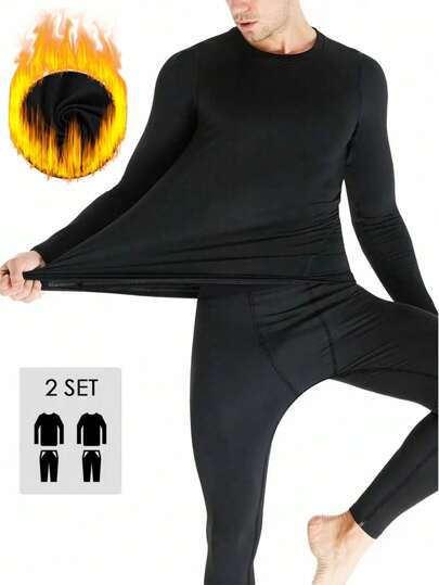 2件套男士黑色保暖内衣套装户外防寒保暖打底保暖衣家居舒适弹力睡衣秋冬季礼物