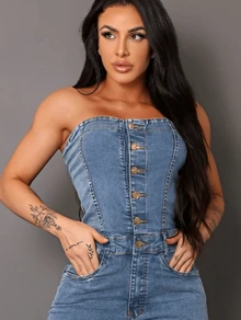 Women's Strapless Denim Jumpsuit With Elastane - Medium Blue - View 6