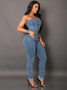 Women's Strapless Denim Jumpsuit With Elastane - Medium Blue - View 3
