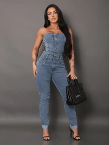 Women's Strapless Denim Jumpsuit With Elastane - Medium Blue - View 7