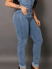 Women's Strapless Denim Jumpsuit With Elastane - Medium Blue - View 5