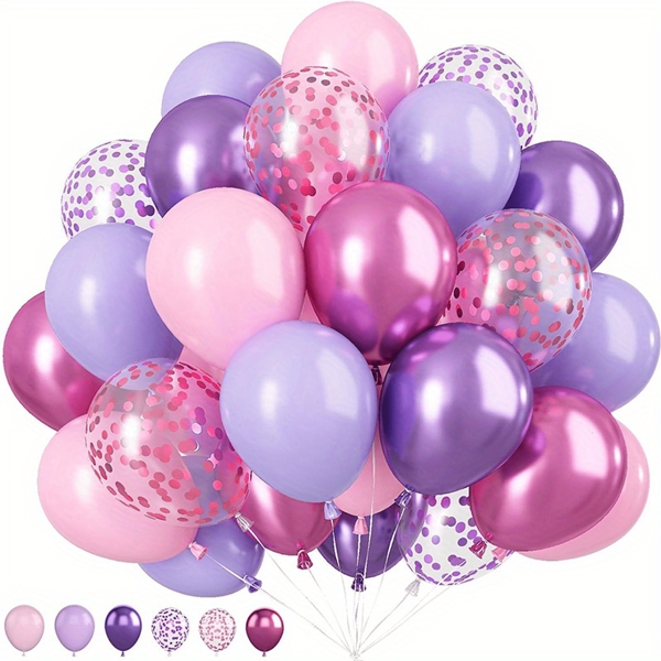 52 globos de color rosa y morado, globos con confeti morado y rosa, en colores morado y rosa metálico para decoraciones de fiesta de cumpleaños, baby shower y boda de mujeres
