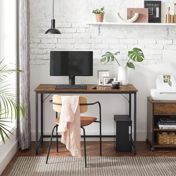 VASAGLE Schreibtisch, Kleiner Computertisch, Bürotisch, für Arbeitszimmer, Schlafzimmer, 60 x 120 x 76 cm, Industrie-Design, Metallgestell, vintagebraun-tintenschwarz