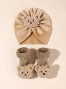 2件装 1-6个月婴儿加厚卡通熊毛绒针织帽和袜子套装，新生儿可爱保暖抓绒帽袜套装，秋冬季 - 彩色 - 查看 4