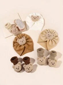 2件装 1-6个月婴儿加厚卡通熊毛绒针织帽和袜子套装，新生儿可爱保暖抓绒帽袜套装，秋冬季 - 彩色 - 查看 6