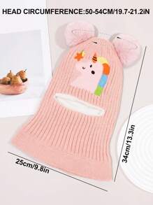 1 pièce Capuchon d'oreilles en tricot épais, chaud et coupe-vent pour l'hiver, avec broderie de personnage de dessin animé mignon et double pompon, pour fille