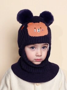 1 pièce Capuchon d'oreilles en tricot épais, chaud et coupe-vent pour l'hiver, avec broderie de personnage de dessin animé mignon et double pompon, pour fille