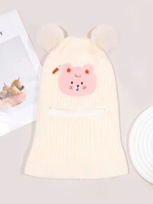 1 pièce Capuchon d'oreilles en tricot épais, chaud et coupe-vent pour l'hiver, avec broderie de personnage de dessin animé mignon et double pompon, pour fille