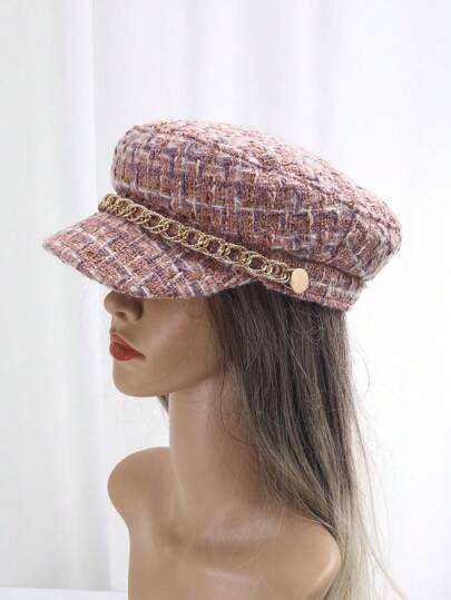 1pc Contrast Color Elegant Polyester Rivet Decor Newsboy Cap, Fashionable Vintage Chain Accent Beret Hat, Suitable For Daily Wear In Autumn/Winter