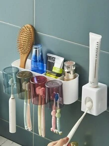 3 件套带玻璃杯的牙刷架套装，无需钻孔的壁挂式浴室收纳架，适合 2/3/4 人使用，包括牙刷架和牙膏分配器 - 牙刷架(附擠牙膏器) - 查看 1
