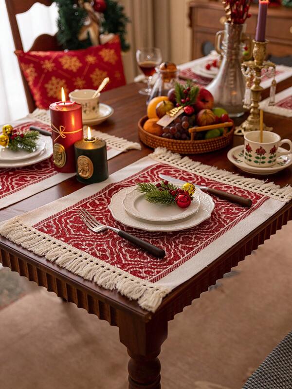 1/4/6pcs Red Rectangular Placemats, Suitable For Christmas Party, Home Dining Table Decor