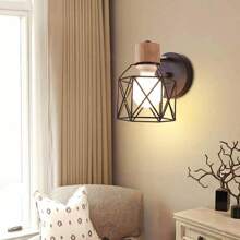 1pc Industrial Iron Wall Light, Cage Style Wall Lamp For Corridor, Pathway, Bedside, Minimalist Design, Wood Finish (Bulb Not Included) - Wrought Iron Wall Lamp Does Not Include Bulbs - View 2