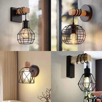 1 件工业铁艺壁灯，笼式壁灯，适用于走廊、小路、床边，简约设计，木质饰面（不含灯泡）