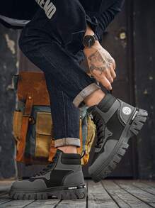 男女秋冬靴，高帮复古百搭皮靴，保暖户外徒步工装靴，潮流男士靴子，冬季真皮高筒黄色靴子 - 黑色 - 查看 9