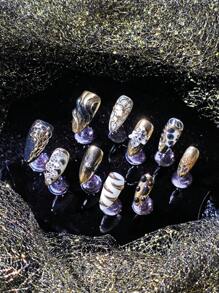 10 Pieces Of Handmade Black And Gold Cool Style Almond-Shaped Full-Coverage Nail Pieces