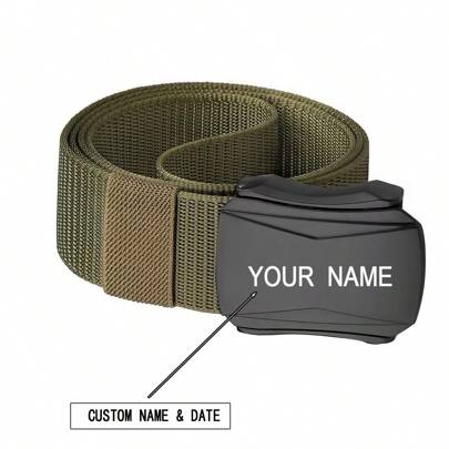 Men's Letter Printed Solid Color Nylon Elastic Belt With Alloy Automatic Buckle, Outdoor Tactical Waist Belt For Students, Youth, Military Training, Outdoor