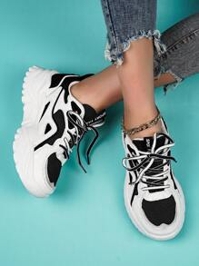 Giày thể thao buộc dây cho nữ, giày thể thao ngoài trời lưới - Đen và trắng - Xem 1