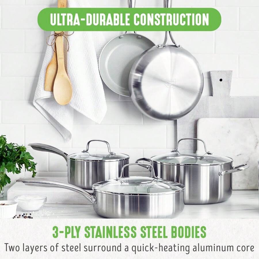 TriPly Stainless Steel Healthy Ceramic Nonstick, 10 Piece Cookware