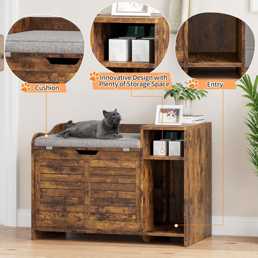 Garvee Litter Box Enclosure With Top Opening And Cushion, Hidden Cat