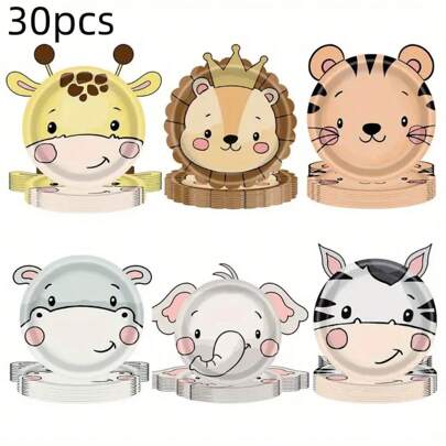 Set de 30 platos de papel desechables con temas de animales, adecuados para fiestas de cumpleaños