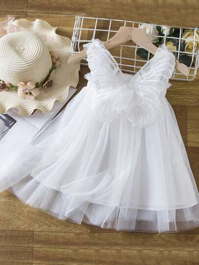 1pc Young Girl Cute Elegant Princess Sweet Butterfly Decor 3D Floral Trim Spaghetti Strap Tulle Mesh Party Dress, Versatile For Party, Birthday, Holiday, Suitable For All Seasons