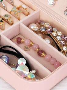 1 件便携式方形 PU 珠宝收纳盒，双层珠宝收纳盒，淡粉色化妆包，旅行耳环项链戒指盒，简易珠宝收纳盒，迷你旅行珠宝收纳盒，美甲收纳盒，耳环珠宝项链戒指收纳盒，女孩礼物 - 彩色 - 查看 2