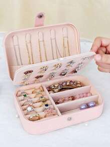 1 件便携式方形 PU 珠宝收纳盒，双层珠宝收纳盒，淡粉色化妆包，旅行耳环项链戒指盒，简易珠宝收纳盒，迷你旅行珠宝收纳盒，美甲收纳盒，耳环珠宝项链戒指收纳盒，女孩礼物 - 彩色 - 查看 1