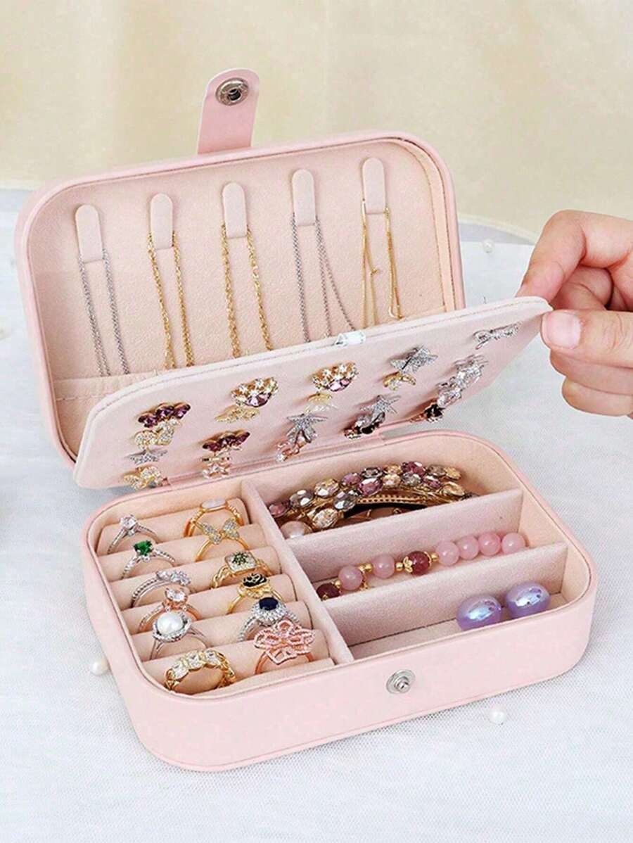 1 件便携式方形 PU 珠宝收纳盒，双层珠宝收纳盒，淡粉色化妆包，旅行耳环项链戒指盒，简易珠宝收纳盒，迷你旅行珠宝收纳盒，美甲收纳盒，耳环珠宝项链戒指收纳盒，女孩礼物 - 彩色 - 查看 1