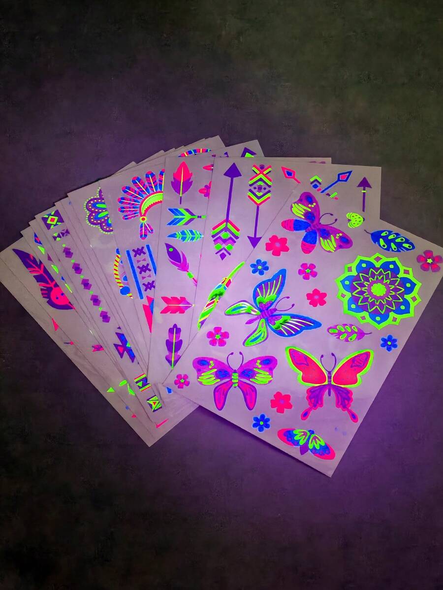 12 Sheets Neon Glow Temporary Tattoos, Blacklight Body Art Stickers, UV