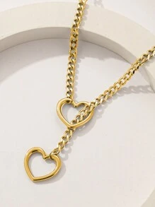 1pc Valentine's Day Punk Style Hollow Heart Chain Necklace, Alloy Gold-Tone Jewelry Gift Suitable For Casual, Party Wear Valentines