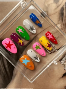 10 pièces Nail Art fait main, Nail Art de couleur dopamine en forme d'amande, design peint à la main avec motif étoilé, Nail Art quotidien, Nail Art créatif mignon et chaud de l'amour tridimensionnel pour filles mignonnes, Nail Art de dessin animé mignon et cool, Nail Art senior unique et mignon, Ongles de printemps, Ongles d'été